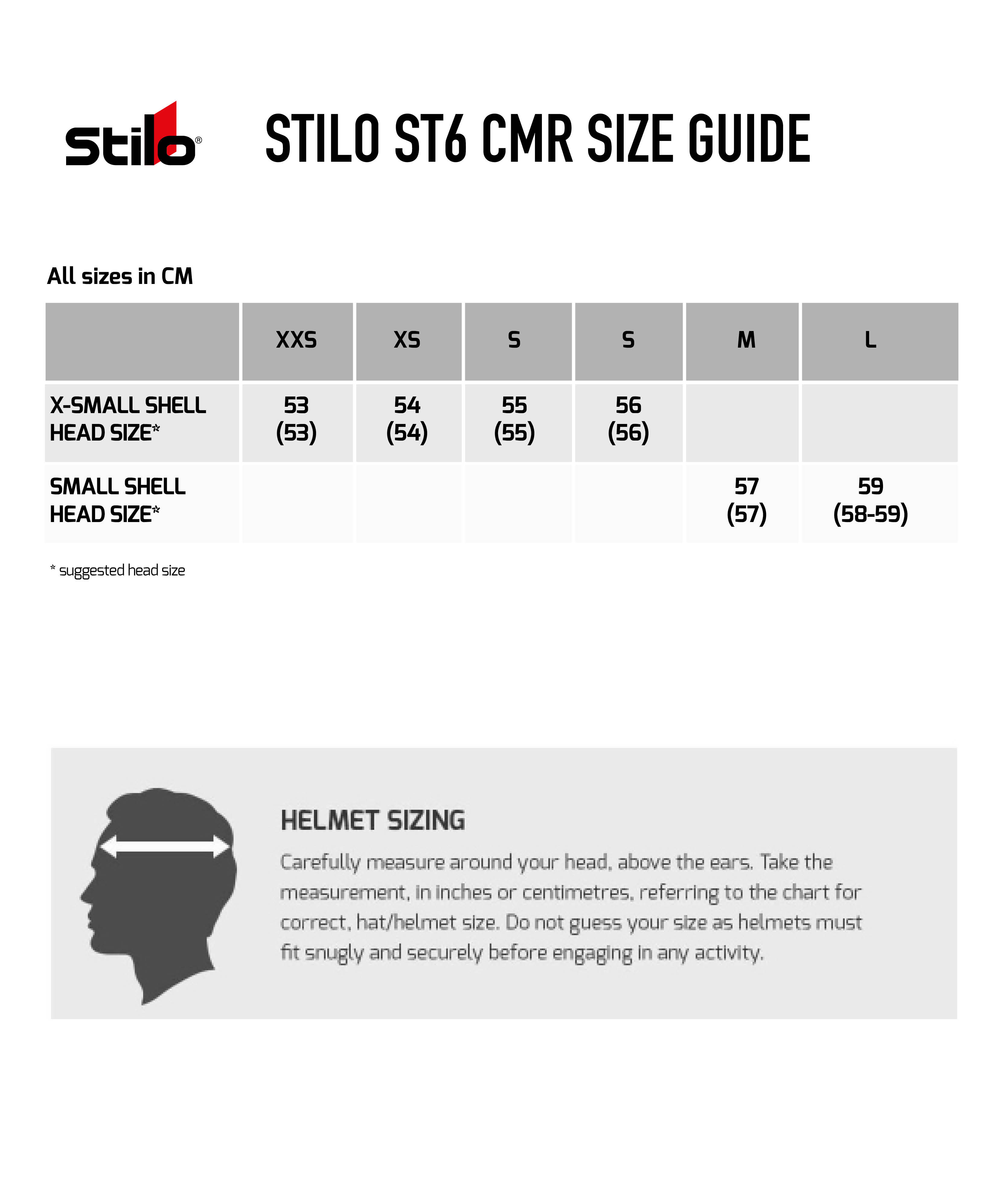 Stilo ST5 CMR Kart Helmet In Black Size Chart